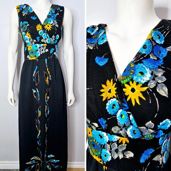 Vintage 1970s Maxi Dress, Dark Floral, Applique