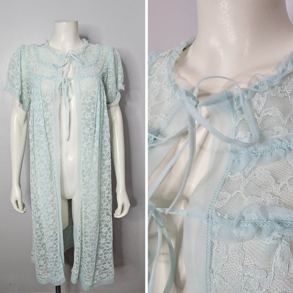 Vintage 1960s Lace Peignoir, Aqua Blue, Chiffon, Open Size