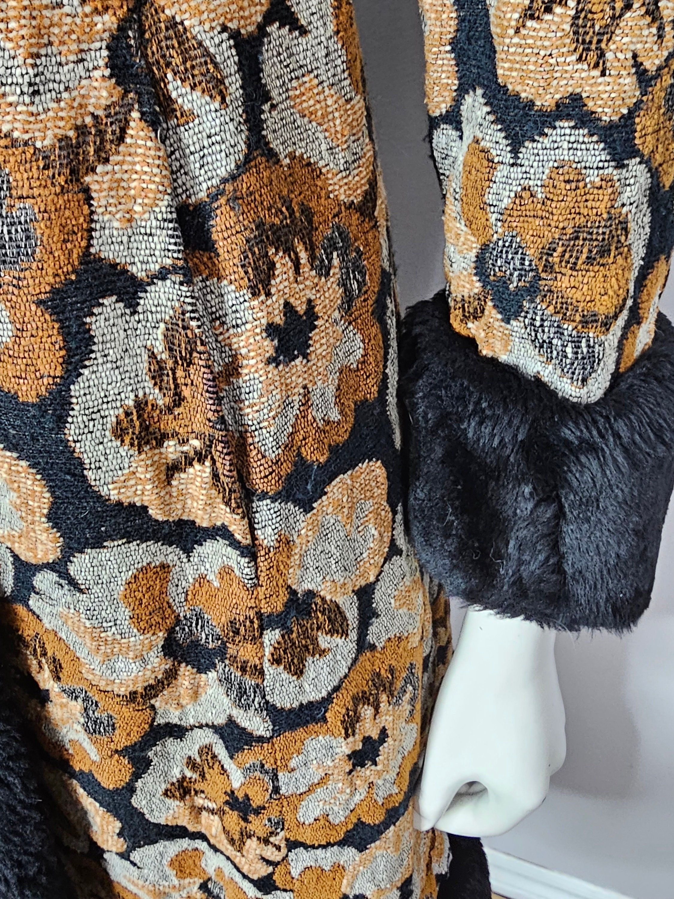 Vintage 1960s Tapestry Coat, Dark Floral, Princess Cut, Faux