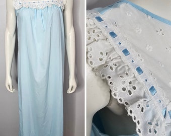 Vintage 1970s Eyelet Nightgown, Baby Blue, White Eyelet, Cotton, Maxi Length