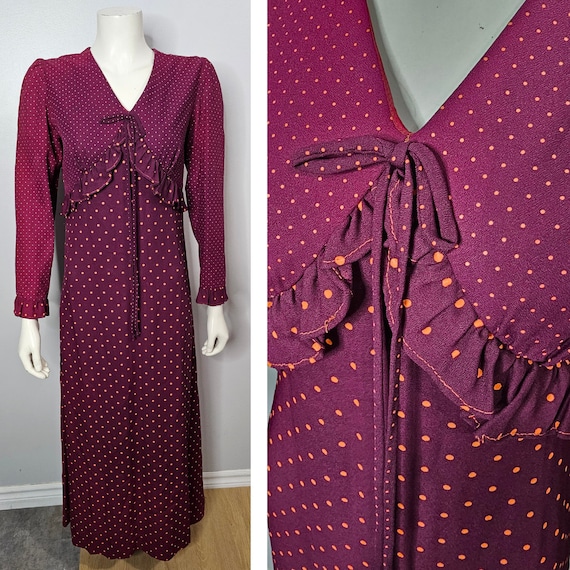 Vintage Polka Dot Maxi Dress, 1970s Maxi, Ruffles… - image 1