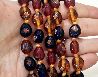 Vintage Venetian Glass Beaded Necklace, 20s/30s Murano Necklace, Millefiori Painted Beads, Hand Knotted