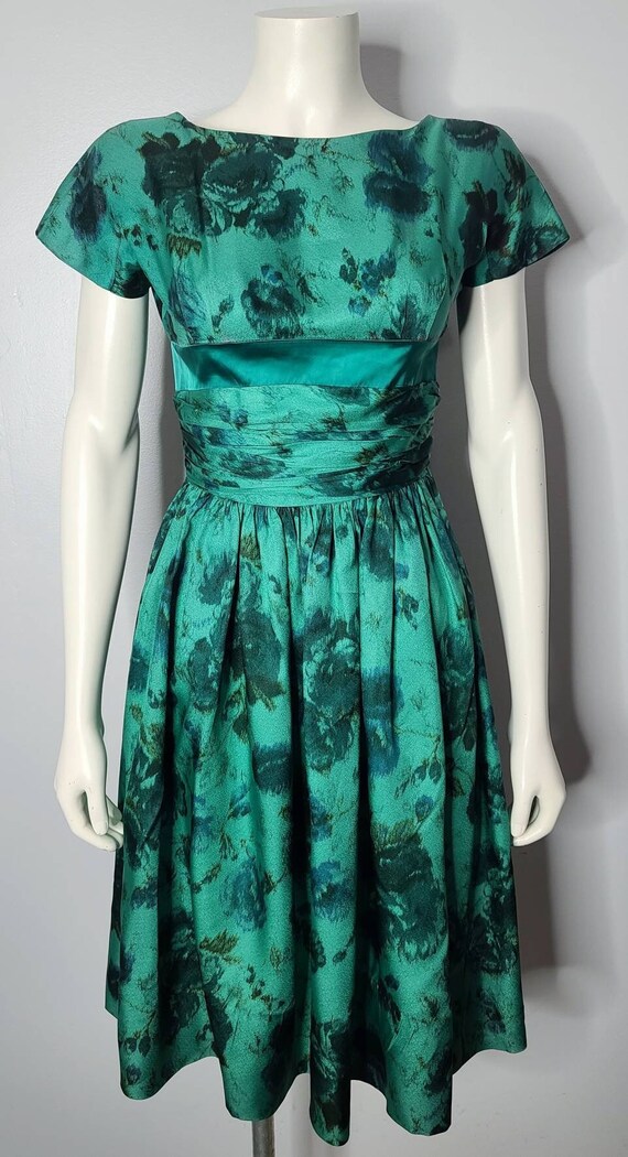 Vintage 1950s Floral Dress Green and Blue Silky Bow Waist | Etsy