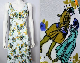 Vintage 1970s Novelty Print Dress, Men and Women, Floral, Mint Green
