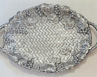 Vintage Large Silver Serving Platter with Basket Weave Grapeleaf Design