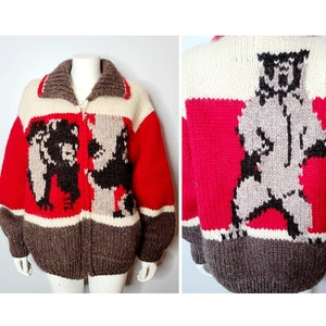 1970s Cowichan Sweater, Vintage Cowichan Bear Sweater, Cowichan Cardigan, Handknit, Chunky Sweater Jacket, Size Large to XL