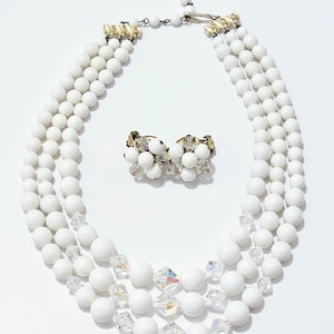 Vintage 1950s Necklace and Earring Set, White, AB, Aurora Borealis, Bridal Jewellery