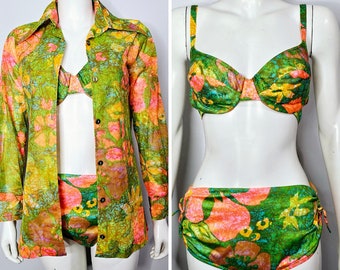 Vintage 1970s Bikini and Coverup, Psychedelic, Vintage Bathing Suit, AS IS