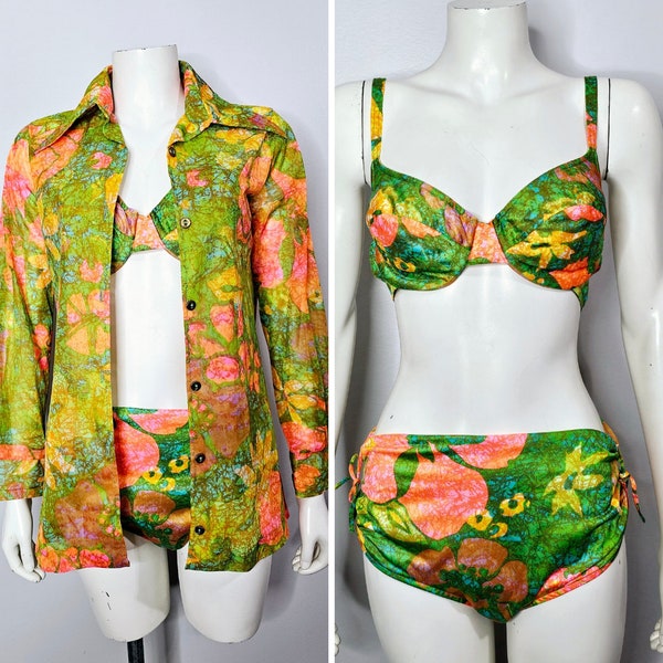 Vintage 1970s Bikini and Coverup, Psychedelic, Vintage Bathing Suit, AS IS