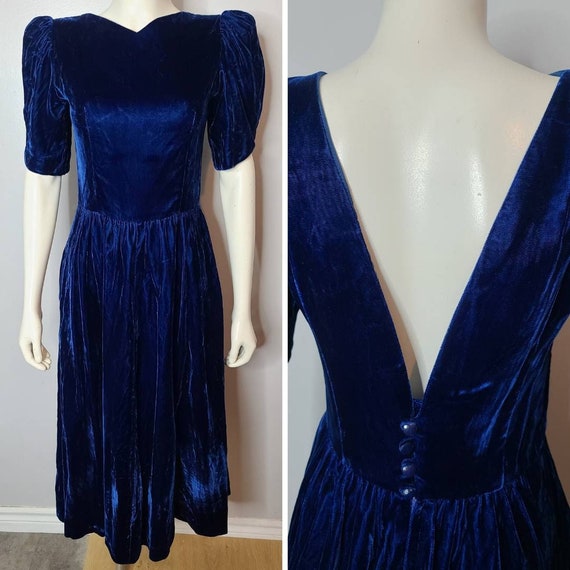 Vintage 1980s Velvet Dress, Crushed Velvet, Royal 