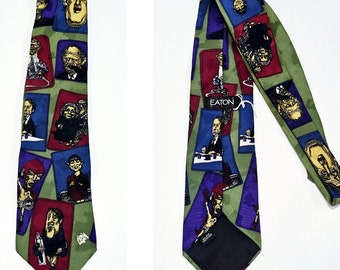 Vintage primeros ministros canadienses corbata, characature, corbata de novedad, corbata divertida, seda