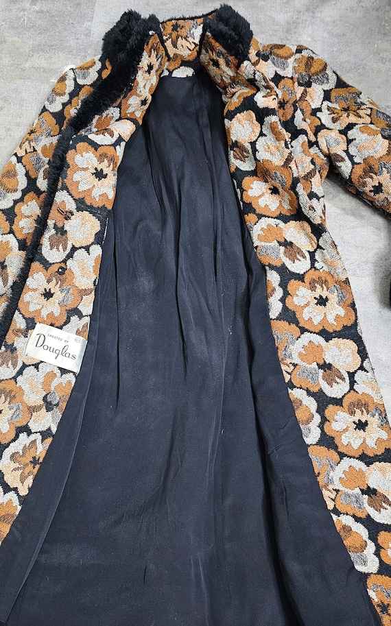 Vintage 1960s Tapestry Coat, Dark Floral, Princess Cut, Faux