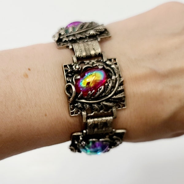 Vintage Judy Lee Bracelet, 1960s Panel Bracelet, Glass Cabachon, Dragons Breath, Art Nouveau, Antiqued Silver, Victorian Revival, 7.75" long