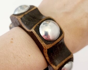 Vintage 1970s Wood Bracelet, Wood Bangle, Silver Studded, Statement Bracelet, Boho
