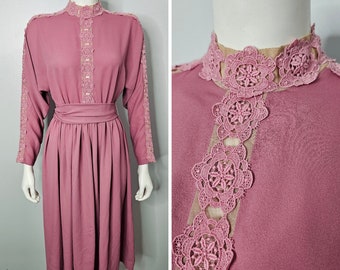 Vintage Lilli Diamond Dress, 1970s Pink Dress, Lilli Diamond California, Antique Rose, Sheer, Lace Crochet