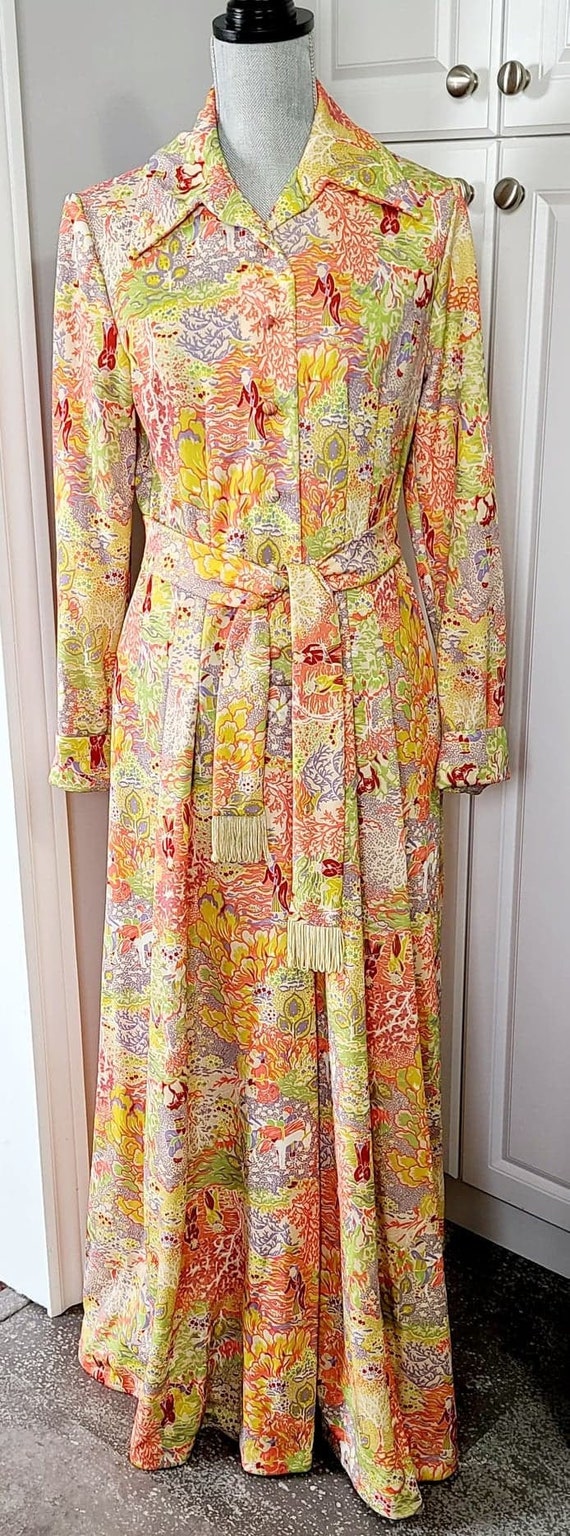 Vintage 1970s Leslie Faye Knits Novelty Print Maxi