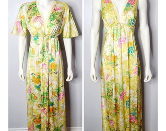 Vintage Vanity Fair Set, 1970s Nightgown and Robe, Yellow, Floral Print, Size Medium to Large