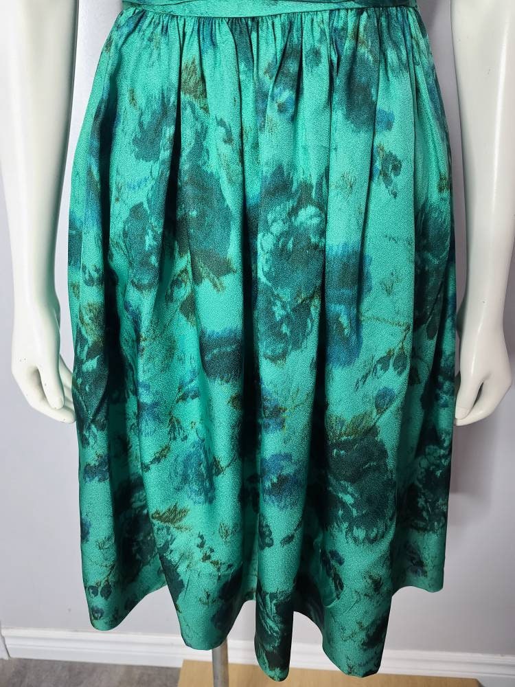 Vintage 1950s Floral Dress Green and Blue Silky Bow Waist - Etsy