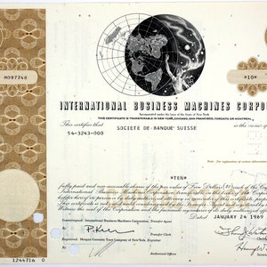 May include: A vintage stock certificate for International Business Machines Corporation (IBM) dated January 24, 1969. The certificate is for ten shares of the company's stock, with a par value of $5. The certificate is signed by the Chairman of the Board and the Secretary of the company.