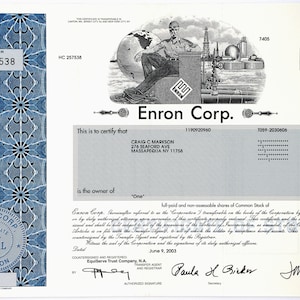 Enron Corp. Stock Certificate - Authentic - Etsy