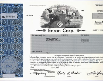 Enron Corp. Stock Certificate - 2003 - Scandal