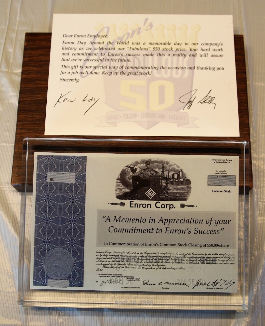RARE Enron Corp. Lucite Miniature Stock Certificate Award - 1998 - Scandal  - Mint Condition - Original Box With Note - Etsy