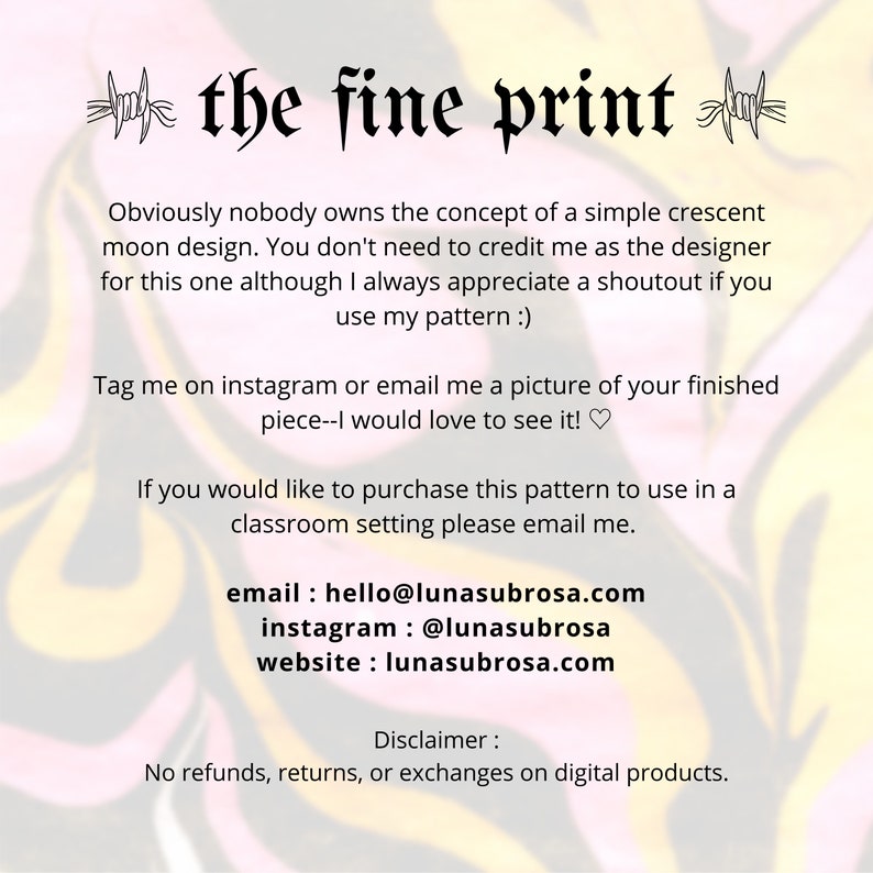 May include: Text overlay on a colorful abstract background with the title "the fine print". The text explains that the design is free to use and encourages users to tag the creator on social media. It also includes contact information and a disclaimer about digital products.