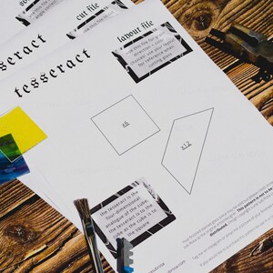K&ouml;nnte beinhalten: Ein wei&szlig;es Blatt Papier mit einem schwarzen und wei&szlig;en Textfeld, das "layout file" lautet, und einem schwarzen und wei&szlig;en Textfeld, das "the tesseract is the four-dimensional analogue of the cube, the tesseract is to the cube as the cube is to the square" lautet. Auf dem Papier befinden sich zwei geometrische Formen, eine mit der Bezeichnung "x6" und die andere mit der Bezeichnung "x12".
