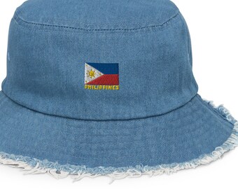 Filippijnse vlag Distressed denim bucket hat / Filippijnen hoed / denim kleur hoed / Rock you Filippijnse trots ook geweldig kerstcadeau
