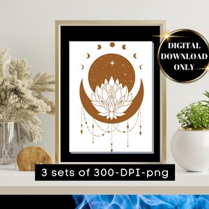 Puede incluir: Una descarga digital de una impresión de arte imprimible que presenta una luna creciente marrón con una flor de loto blanca en su interior. La luna está rodeada por un círculo de lunas más pequeñas y una estrella. La imagen tiene un fondo blanco y el texto "DESCARGA DIGITAL SOLO" está en un círculo en la esquina superior derecha.