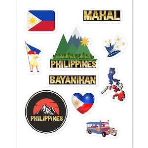 Feuille d’autocollant philippin / Autocollant du drapeau philippin / mahal kita / Carte philippine / Montagne philippine / Bayanihan / Fleur de Sampaguita / Drapeau PH Heart