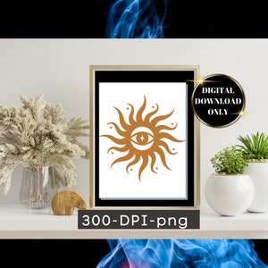 May include: A digital download of a 300 DPI PNG image featuring a stylized sun with an eye in the center. The sun is gold and the eye is white with a black pupil. The background is white.