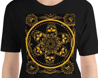 Mens skull tshirt/ Skull Short-Sleeve Unisex T-Shirt/ Mens gift/ Halloween tshirt/ Gold skull tees/ Black xxl tshirt