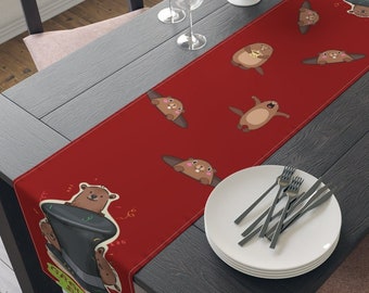 Groundhog Table Runner Cotton Polyester/ Groundhog table decorations/ Animal table runner/ dark red table runner