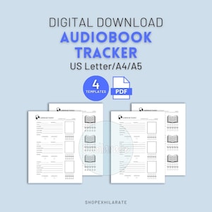 Könnte beinhalten: Digitaler Download-Hörbuch-Tracker mit dem Text "AUDIOBOOK TRACKER" und "US Letter/A4/A5". Das Bild zeigt vier Vorlagen mit Bereichen zum Verfolgen von Hörbüchern. Das Design enthält ein PDF-Symbol und den Text "4 TEMPLATES".