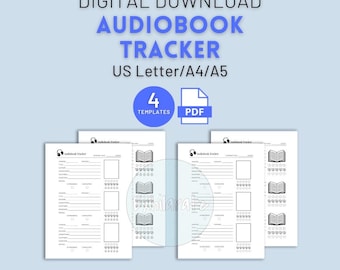 May include: Digital download audiobook tracker with the text "AUDIOBOOK TRACKER" and "US Letter/A4/A5". The image shows four templates with spaces for tracking audiobooks. The design includes a PDF icon and the text "4 TEMPLATES".