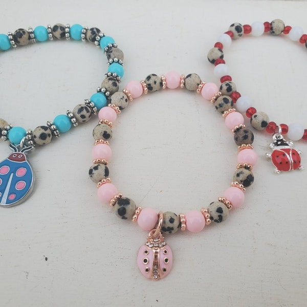 Lady Bug Charm Stretch Bracelet, Light Pink Red or Blue Bug, Spotted Dalmatian Jasper & Glass Round Beads, Rose Gold or Silver Bumpy Spacers