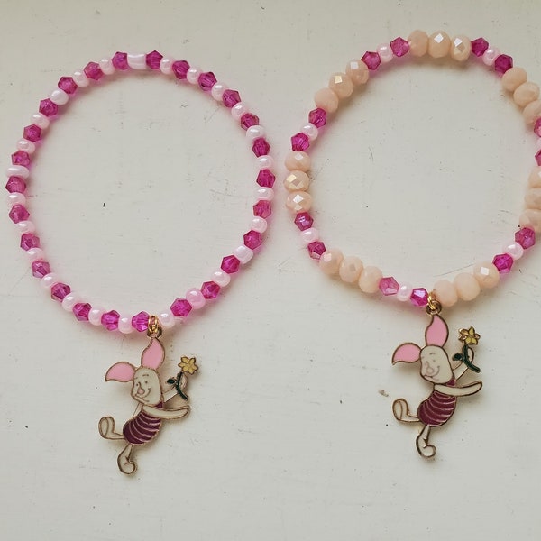 Piglet Charm Stretch Pink Glass Beaded Bracelet, Winnie the Pooh Character, Movie Inspired, Pink Pig Bracelet, Water Resistant Pink Faceted
