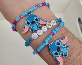 Pulseras apiladas de Stitch y Ohana, pulsera inspirada en la película, pulsera con dijes de personajes, pulseras elásticas de cuentas hechas a mano, Ohana significa familia