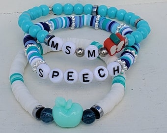 Speech Teacher Appreciation Bracelet, Heishi Beads Silver Accents, Custom Teacher Name Bracelet with Apple Bead or Charm, Speech Pathologist