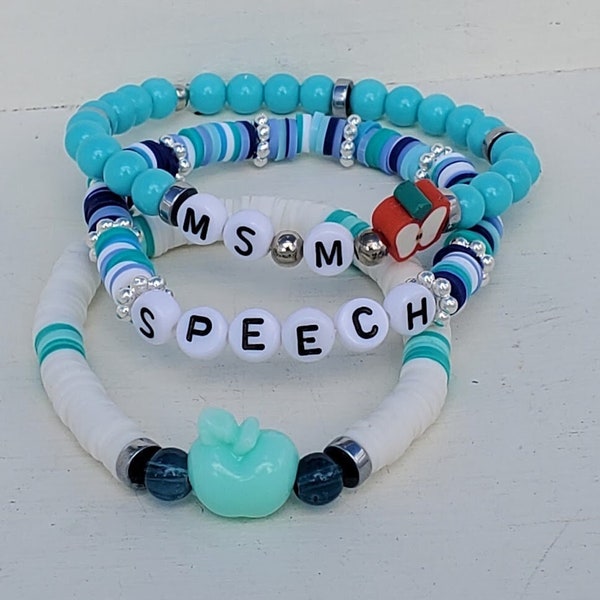 Speech Teacher Appreciation Bracelet, Heishi Beads Silver Accents, Custom Teacher Name Bracelet with Apple Bead or Charm, Speech Pathologist