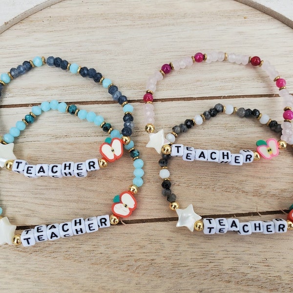 Star Teacher Bracelet, Polymer Clay Red Apple Bead, Shell Star Bead, Gift for Teacher Appreciation, Educator Christmas Back to School Gift