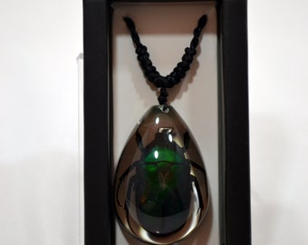 Green Rose Chafer Beetle Necklace, Teardrop