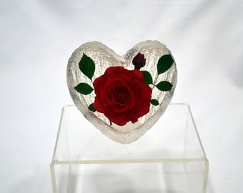 Red Rose encased in heart-shaped resin