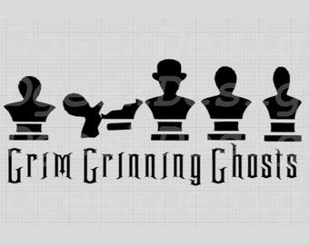 May include: Black and white silhouette of five Grim Grinning Ghosts from the Haunted Mansion attraction at Disneyland. The ghosts are in a line, with the text "Grim Grinning Ghosts" below them.