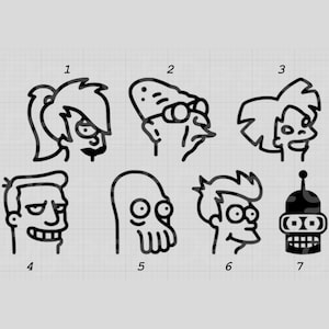 May include: Black and white line art illustrations of seven characters from the animated television series Futurama. The characters include Leela, Professor Farnsworth, Amy Wong, Fry, Zoidberg, Bender, and Hermes.