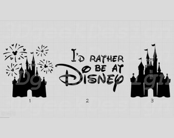 May include: Three black and white images of Cinderella's castle from Disney World. The first image shows the castle with fireworks. The second image shows the text "I'd rather be at Disney". The third image shows the castle.