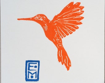linocut Orange Hummingbird, original art print, nature art, ornithological illustration, signed and numbered by the artist, bird in flight