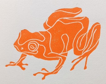 Linocut Orange frog, original art print, nature wall art, limited edition artwork, zoological boards, ecological decoration, home wall decor