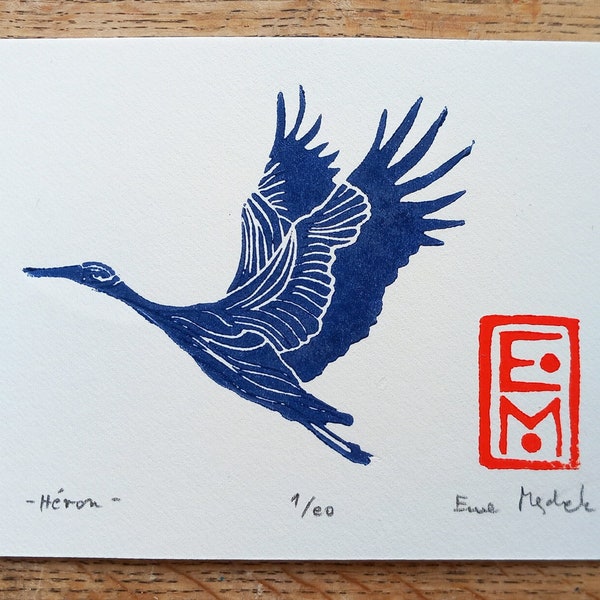 linogravure Héron oiseau bleu, impression d'art originale, art de la nature, gravé et imprimé à la main, illustration ornithologique